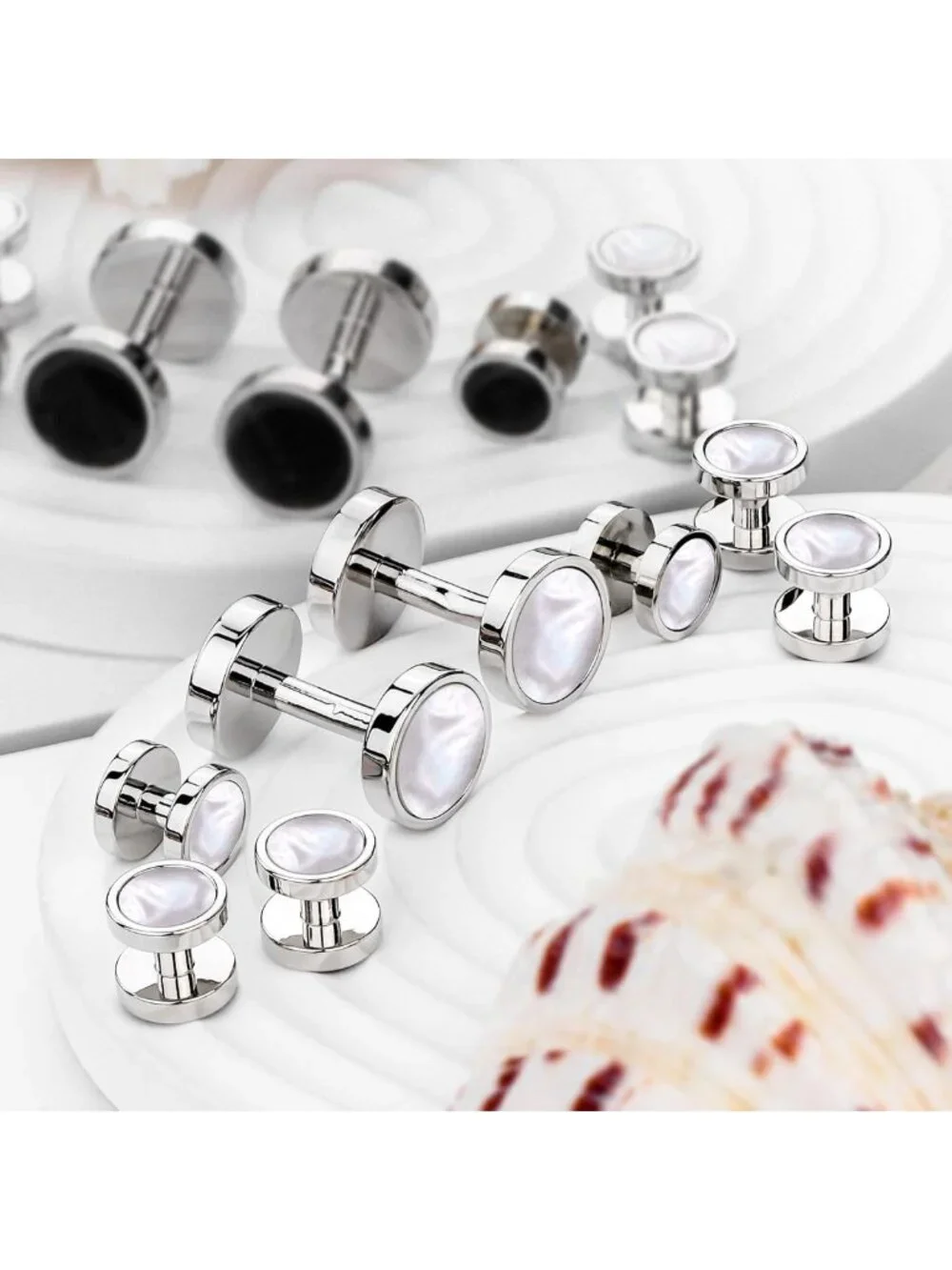Elegant Mother-of-Pearl Tuxedo Shirt Button & Cufflink Set for Weddings & Events